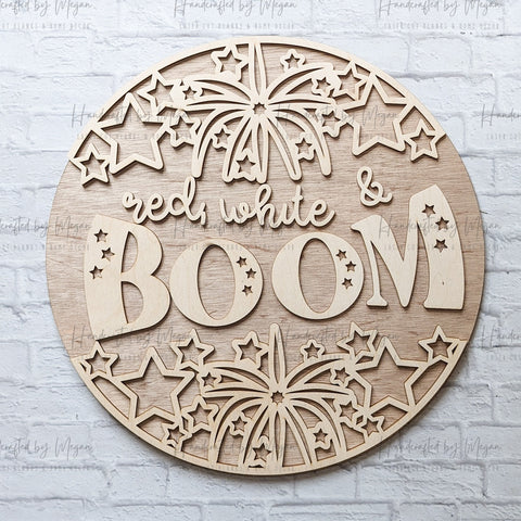 Red, White and Boom Fireworks Door Hanger, Summer Decor, Unfinished Wood, Wooden Blanks, Wooden Shapes, laser cut shape, Paint Party