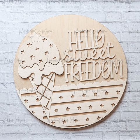 Hello Sweet Freedom Ice Cream Door Hanger, Patriotic Decor, Summer Decor, Unfinished Wood, Wooden Blanks, Wooden Shapes, Paint Party
