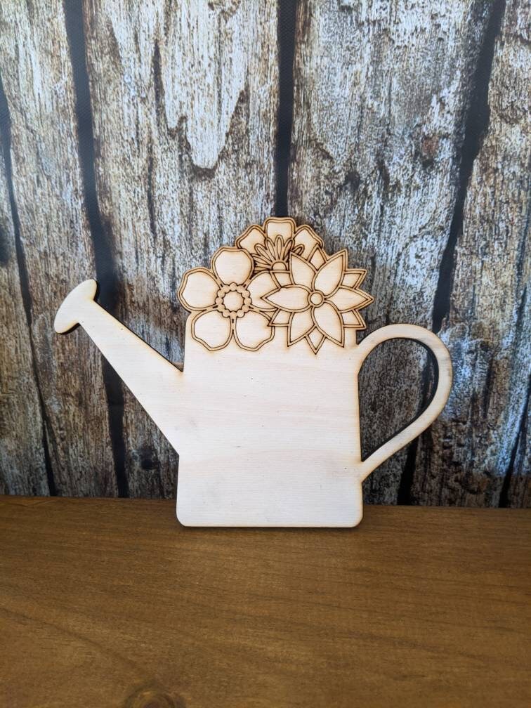 Watering Can/Pail with flowers Laser Cut unfinished wood blank, 1/4 Baltic Birch, spring decor