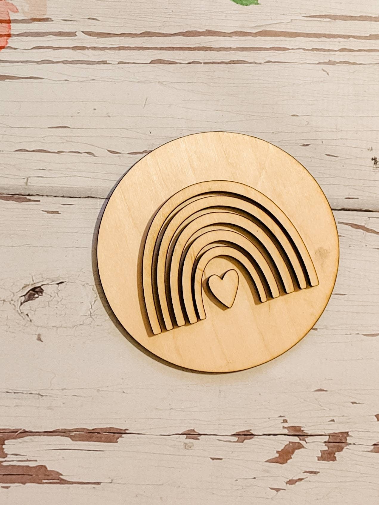 CIRCLE SHAPE with rainbow and heart - Various Sizes - Unfinished 1/4" Wood - Wooden Blanks- Wooden Shapes - laser cut shape