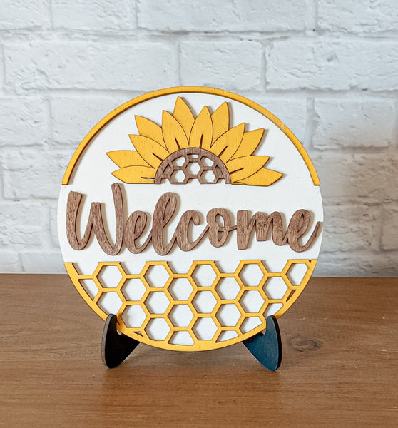 Sunflower Honeycomb Welcome Sign - Summer Decor -  3D Laser Cut - Round Wood Sign, Farmhouse Decor, Tier Tray Decor