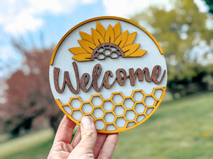 Sunflower Honeycomb Welcome Sign - Summer Decor -  3D Laser Cut - Round Wood Sign, Farmhouse Decor, Tier Tray Decor