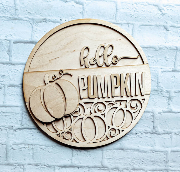 HELLO PUMPKIN Door Hanger- Unfinished Wood - Wooden Blanks- Wooden Shapes - laser cut shape - Paint Party- Fall crafts
