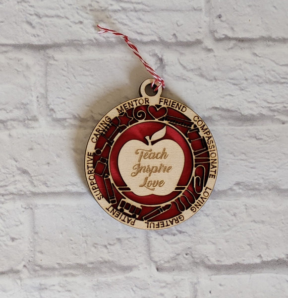 Wood Engraved Teacher Christmas Ornament - Teach Inspired Love - Christmas Gifts - Teacher Gift