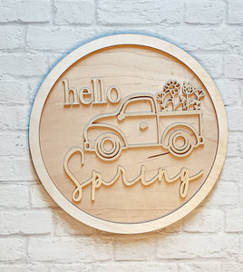 HELLO SPRING Truck Door Hanger- Spring Decor - Unfinished Wood - Wooden Blanks- Wooden Shapes - laser cut shape - Paint Party