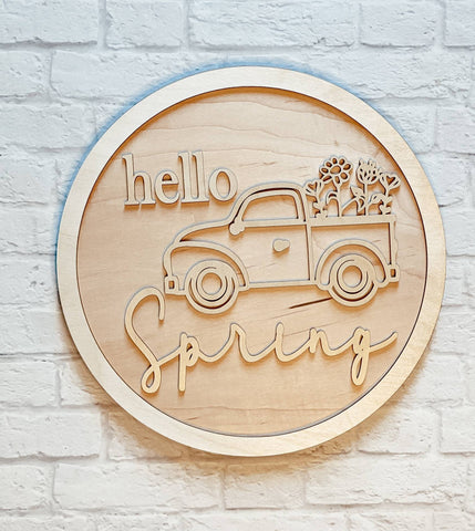 HELLO SPRING Truck Door Hanger- Spring Decor - Unfinished Wood - Wooden Blanks- Wooden Shapes - laser cut shape - Paint Party