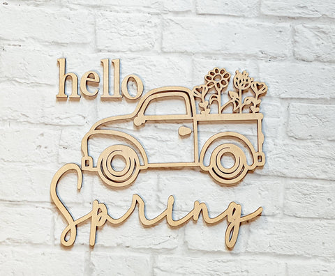 Hello Spring Truck Unfinished Wood - Various Sizes - Wooden Blanks- Wooden Shapes - laser cut shape - Spring crafts