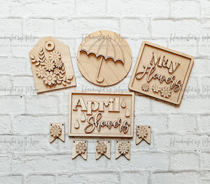 April Showers brings May Flowers TIER TRAY - Blank Set - Unfinished 1/8" Wood - Wooden Blanks - laser cut shape - spring craft - Mini Signs