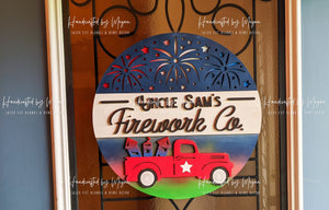 Uncle Sam's Fireworks Door Hanger - Door Hanging Sign - Round Wood Sign - Welcome Sign Front Door - Door Hanging Decor