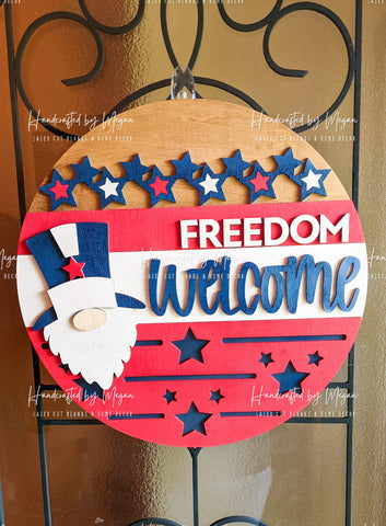Freedom Welcome Gnome Door Hanger - Door Hanging Sign - Round Wood Sign - Welcome Sign Front Door - Door Hanging Decor