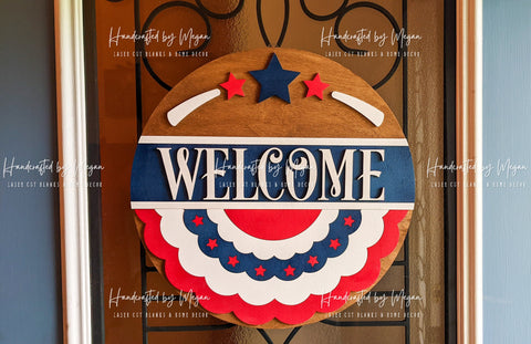 Welcome Patriotic Door Hanger - Door Hanging Sign - Round Wood Sign - Welcome Sign Front Door - Door Hanging Decor